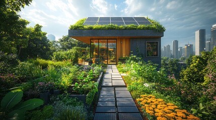 Wall Mural - Modern, sustainable home with a green roof and solar panels, surrounded by lush greenery.