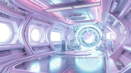 Wall Mural - 3D space station interior, featuring advanced equipment, large windows overlooking the galaxy, and a futuristic aesthetic in soft hues.