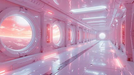 Wall Mural - 3D space station interior, featuring advanced equipment, large windows overlooking the galaxy, and a futuristic aesthetic in soft hues.