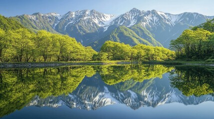 A stunning view of Kamikachiaes Azusa River reflecting the fresh green trees and the majestic Hotaka Mountains, creating a peaceful and picturesque landscape.