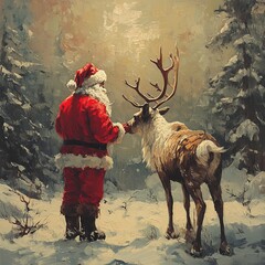 Canvas Print - Santa Claus standing in a snowy forest with a reindeer.