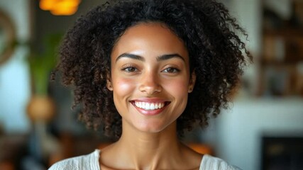 Poster - A young woman in a light sweater smiles happily, showcasing her curly hair and glowing skin, surrounded by a bright, inviting room filled with decor.