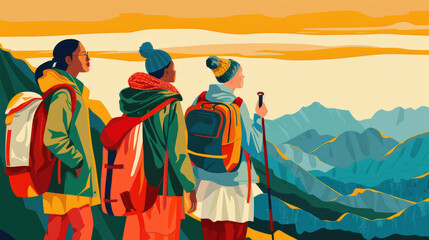 Wall Mural - Hikers stand together, enjoying a stunning sunset over the mountains, dressed in warm clothing and surrounded by vibrant hues of nature