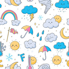 weather doodles seamless pattern with cute hand drawn elements for wallpaper, wrapping paper, backgr