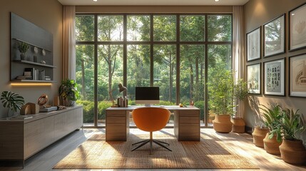 Canvas Print - Modern home office with large windows overlooking a lush green garden.