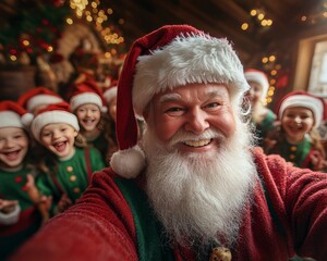 Sticker - Santa Claus takes a selfie with a group of children dressed as elves.