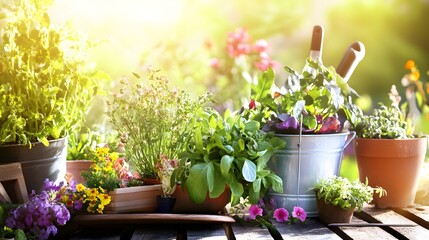 Wall Mural - A variety of potted plants sit in the warm sunlight.