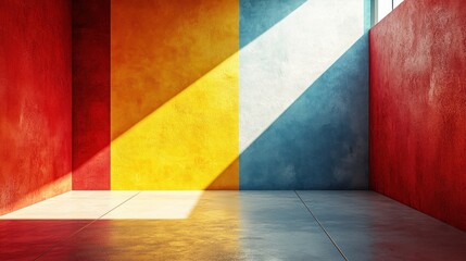 Poster - Empty room with colorful walls and sunlight streaming through window.