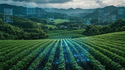 Sticker - A field of crops with digital overlays depicting smart agriculture, data, and technology.