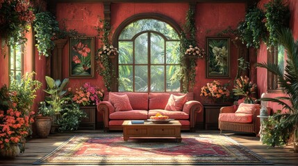 Sticker - A luxurious living room with a large window, a pink couch, and a coffee table with fruit.