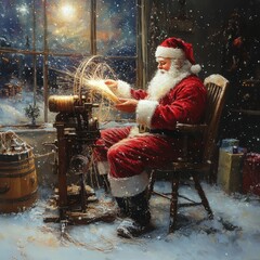 Wall Mural - Santa Claus works on a spinning wheel in a snowy workshop, lit by a bright window.