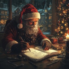 Sticker - Santa Claus writes his list by the window with a snowy village in the background, while a Christmas tree is beside him.