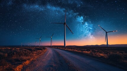 Poster - A dirt road leads towards a row of wind turbines silhouetted against a vibrant, starry sky.