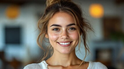 Poster - A young woman radiates joy with a bright smile while dressed casually in a charming, relaxed indoor environment filled with warm light.