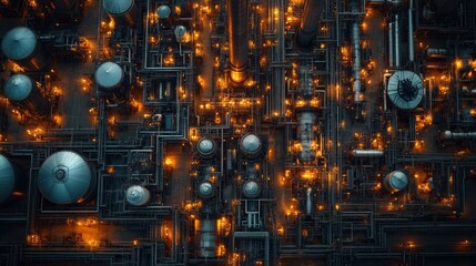 Poster - Aerial view of a large industrial complex at night, with glowing lights illuminating the intricate network of pipes and tanks.