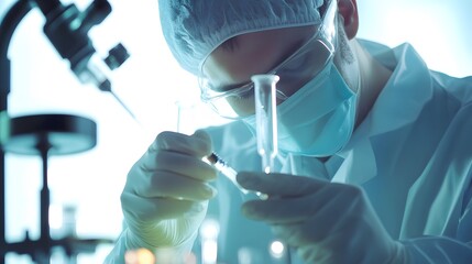 Wall Mural - a scientist in a lab coat and gloves carefully works with a test tube.