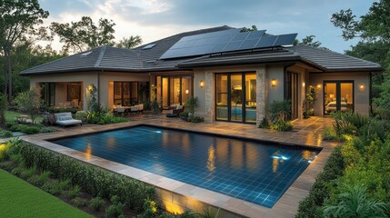 Poster - A modern house with a swimming pool and solar panels on the roof at sunset.