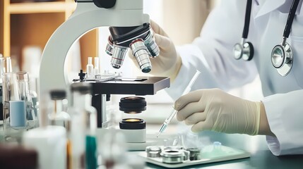 Wall Mural - a scientist uses a microscope in a lab.