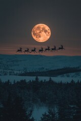 Wall Mural - Silhouettes of reindeer flying against a full moon over a snowy landscape.