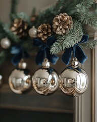 Canvas Print - Silver Christmas ornaments with blue ribbon bows and pine cones.