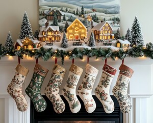 Wall Mural - Six Christmas stockings hanging on a mantelpiece with a snowy village scene above.