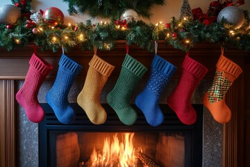 Sticker - Six colorful Christmas stockings hang over a fireplace with a roaring fire.