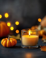 Poster - Cozy home decor with small decorative pumpkins and glass aroma candle on dark background