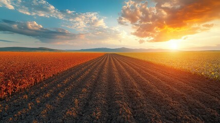 Canvas Print - A picturesque view of a field at sunset, with rows of crops leading towards the horizon and a vibrant sky.