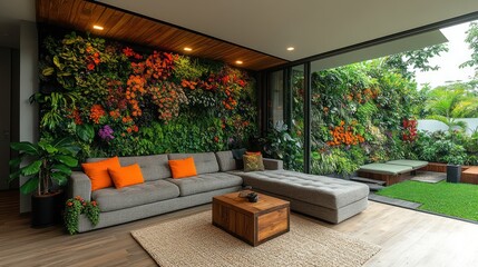 Sticker - Modern living room with a green wall and large glass doors leading to a lush garden.