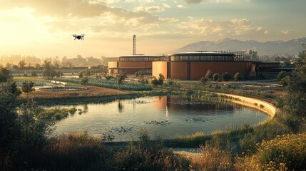 Poster - A drone flies over a modern industrial complex with a pond and green landscaping at sunset.