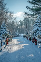 Poster - Snow-covered path lined with evergreen trees adorned with red wreaths leading to a sunny winter landscape.