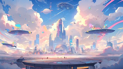 Wall Mural - Sci-fi cityscape featuring futuristic buildings, flying cars, and a dynamic pastel sky.