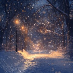 Sticker - Snowy pathway lit by lampposts in a winter forest.