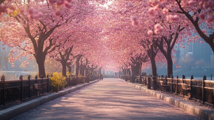 Wall Mural - A path lined with blooming cherry blossom trees, creating a tunnel of pink petals.  Sunlight filters through the branches, illuminating the path ahead.