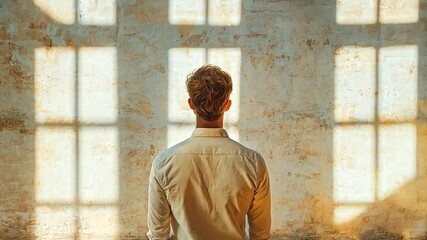 Leinwandbilder - A person gazes contemplatively at a textured wall illuminated by sunlight, creating a serene atmosphere filled with shadows.
