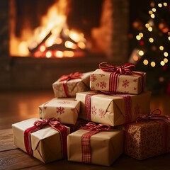 Poster - Stack of wrapped Christmas presents in front of a fireplace and Christmas tree.