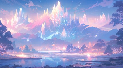 Wall Mural - Fantasy landscape featuring mythical creatures, enchanted forests, and glowing pastel crystals.