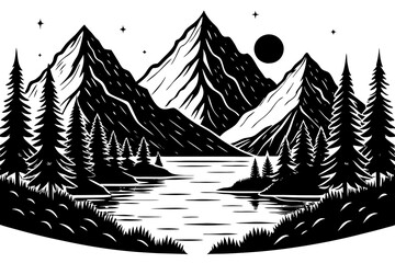 Sticker - Majestic Mountain Landscape with Pine Forest and Serene Lake Under Starry Night Sky