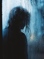 Aufkleber - A lone individual stands by a rain-covered window, reflecting on their thoughts as water droplets trickle down the glass. Generative AI