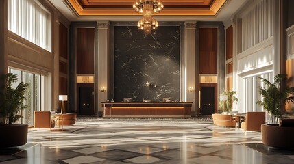 Wall Mural - Luxurious hotel lobby with marble walls, a grand chandelier, and a reception desk.