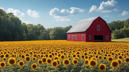 Poster - A red barn stands in a field of sunflowers, under a bright blue sky.