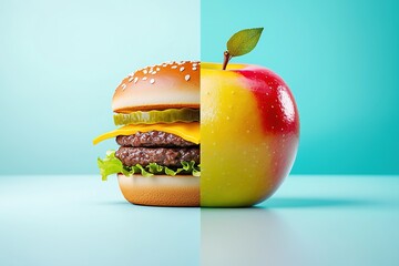 Hamburger or apple. Healthy vitamin rich food like fruits vs unhealthy fast food. Image split in half. Generative Ai