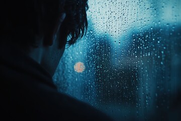 Aufkleber - Raindrops trickle down the glass as a solitary figure reflects on life, surrounded by a moody atmosphere filled with melancholy. Generative AI