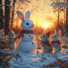 Sticker - Three adorable bunnies build a snowman in a snowy forest with a beautiful winter sunset in the background.