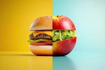 Hamburger or apple. Healthy vitamin rich food like fruits vs unhealthy fast food. Image split in half. Generative Ai