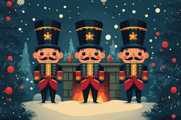 Sticker - Three cartoon nutcracker soldiers standing in front of a fireplace with snow falling in the background.