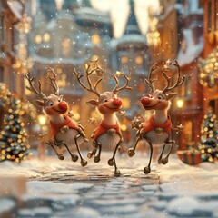 Poster - Three cartoon reindeer with red noses and bells on their necks jump in the snow in front of a snowy Christmas village.