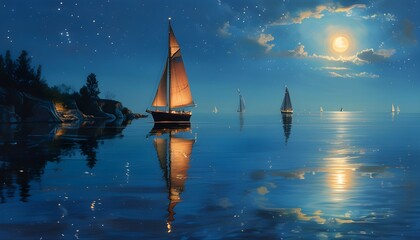 Wall Mural - Enchanted moonlit ocean with a sailing ship reflecting on tranquil waters, capturing a serene and mystical night atmosphere.