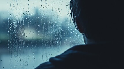 Poster - A lone person stands by a rain-drenched window, lost in thought while drops trickle down the glass in a tranquil, introspective moment. Generative AI