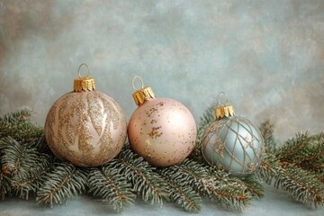 Wall Mural - Three Christmas ornaments in gold, pink, and blue with pine branches.